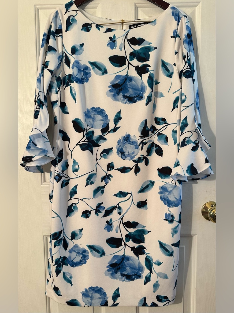 KARL LAGERFELD 12 Preppy Resort Wedding Guest Blue White Floral Shift Dress